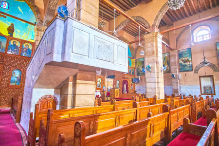 CAIRO, EGYPT - DECEMBER 23, 2017:The modern style huge stone pulpit in Coptic St George Church, on December 23 in Cairo.のeditorial素材