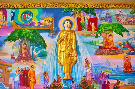 YANGON, MYANMAR - FEBRUARY 27, 2018: The colorful depiction of Buddha's life on th ewall of Chaukhtatgyi Buddha Temple, on February 27 in Yangon.のeditorial素材