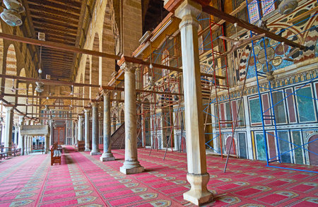 CAIRO, EGYPT - DECEMBER 21, 2017:  Interior of the medieval mosque, built by Mamluk Sultan Al-Muayyad, it's famous for the intricate decorations of interior, on December 21 in Cairo.のeditorial素材