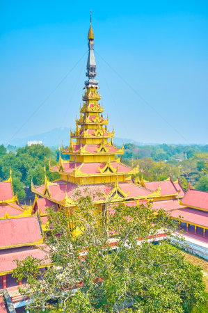 The high tower with pyatthat roof, called the Golden Spire, Royal Palace in Mandalay, Myanmarのeditorial素材