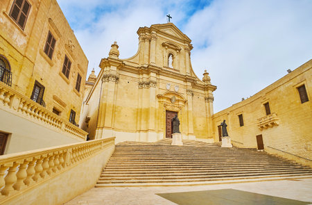 Ensemble of medieval Cathedral Square of Rabat Citadel with a view on Assumption Cathedral and old edifices, Victoria, Gozo Island, Malta.のeditorial素材