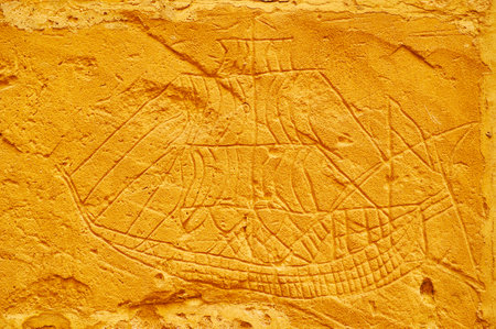 VICTORIA, MALTA - JUNE 15, 2018: The medieval etching of a ship on limestone wall of Old Prison of Rabat Citadel, made by some of prisonners, on June 15 in Victoria.のeditorial素材