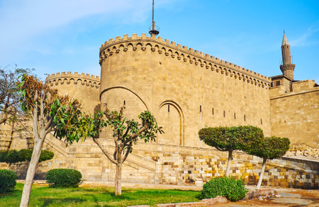 Bab Al-Azab Gate is one of the most beautiful fortifications of Saladin Citadel, facing the square of Salah El-Deen (Saladin) and surrounded by ornamental garden, Cairo, Egypt.のeditorial素材