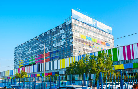 MOSCOW, RUSSIA - JUNE 29, 2013: The glass building of Ostankino Technical Center, decorated with painted TV test card, located in Akademik Korolev street, on June 29 in Moscow.のeditorial素材