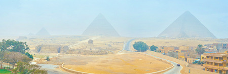 Panorama of Giza Necropolis with a view on ancient Pyramids and Great Sphinx, Egyptの写真素材