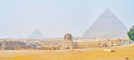 GIZA, EGYPT - DECEMBER 20, 2017: Panoramic view on main landmark of Giza - the Great Sphinx, the fine example of ancient Egyptian architecture, on December 20 in Gizaのeditorial素材