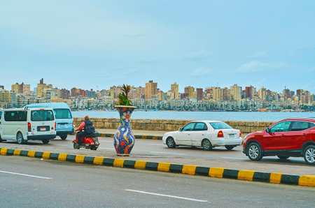 ALEXANDRIA, EGYPT - DECEMBER 19, 2018: The traffic jam in Corniche Avenue is typical urban scene for Alexandria - the overpopulated and busy city on Mediterranean coast, on December 19 in Alexandria.のeditorial素材