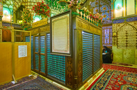 ISFAHAN, IRAN - OCTOBER 21, 2017: The prayer hall of Mohammad Bagher Shafti Mausoleum, located in complex of Seyed Mosque, on October 21 in Isfahan.のeditorial素材