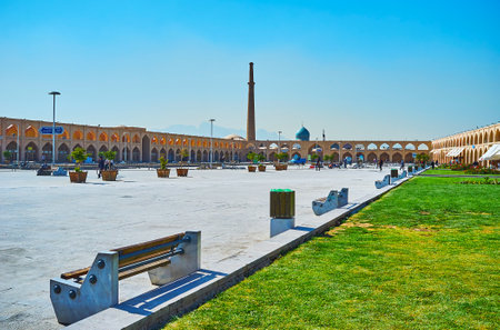 ISFAHAN, IRAN - OCTOBER 21, 2017: The huge Imam Ali (Atiq, Kohneh) Square with line of stores in...