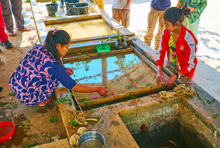 PINDAYA, MYANMAR - FEBRUARY 19, 2018: Production of traditional Shan paper - artisans use the water tank to mix paper dough with flower petals and leafsのeditorial素材