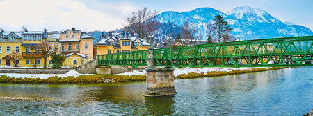 Panorama from Bad Ischl promenade with a view on Traun river, nice metal bridge, old villas and Mount Katrin, Salzkammergut, Austriaのeditorial素材