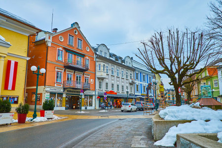 BAD ISCHL, AUSTRIA - FEBRUARY 20, 2019: Architectural ensemble of the Kreuzplatz with old stores, traditional cafes and small hotels, on February 20 in Bad Ischlのeditorial素材