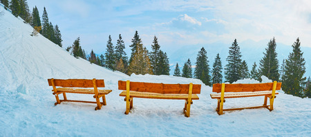 The tourist zone on Mount Katrin with wooden benches, facing coniferous forest and Alpine landscape,...