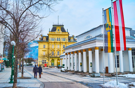 BAD ISCHL, AUSTRIA - FEBRUARY 20, 2019: The classic building of Trinkhalle and the scenic edifice of...