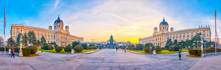 VIENNA, AUSTRIA - FEBRUARY 18, 2019: Panoramic view on Maria Theresien Platz with twin buildings of...