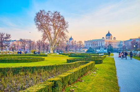 VIENNA, AUSTRIA - FEBRUARY 18, 2019: The Volksgarten (People's Park) is one of the central parks, surrounded with historical landmarks and boasts geometrically trimmed plants, on February 18 in Viennaのeditorial素材