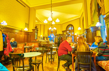 VIENNA, AUSTRIA - FEBRUARY 18, 2019: Cafe Sperl is best choice to spend time with friends and family and enjoy the drinks in relaxed atmosphere of historic coffee house, on February 18 in Vienna.のeditorial素材