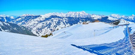 Panorama of Schmittenhohe mount with wide ski pistes, stretching along  the gentle slope, Zell am...