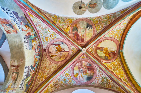 ZELL AM SEE, AUSTRIA - FEBRUARY 28, 2019: Extant medieval frescoes on the vault of St Hippolyt Parish Church, on February 28 in Zell Am Seeのeditorial素材
