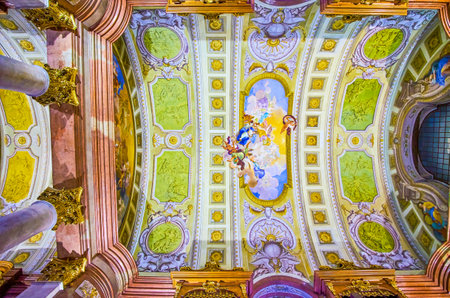 VIENNA, AUSTRIA - MARCH 2, 2019: The colorful ceilings of the corridor in Austrian National Library with amazing frescoes in ancient style, on March 2 in Viennaのeditorial素材