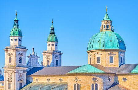 Salzburger Dom (Cathedral) is the medieval architectural masterpiece with marble bell towers anf large dome, Austriaの写真素材