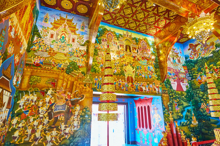 CHIANG MAI, THAILAND - MAY 2, 2019: Traditional Thai paintings on walls of Sao Intahkin (City Pillar pavilion) of Wat Chedi Luang, on May 2 in Chiang Maiのeditorial素材