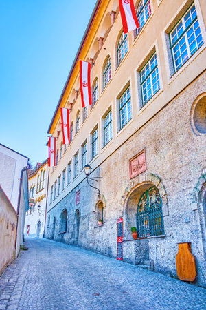SALZBURG, AUSTRIA - FEBRUARY 27, 2019: The white stucco decorations and colorful frescoes on the cupola and the half-dome of the Apse of Cathedral, on February 27 in Salzburgのeditorial素材