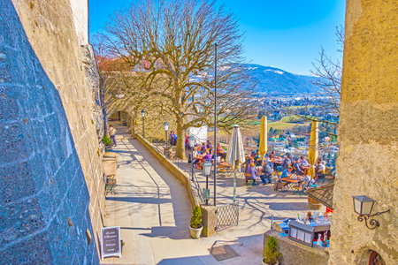 SALZBURG, AUSTRIA - FEBRUARY 27, 2019: The small bastion of Salzburg Castle sheltered the outdoor terrace of the restaurant, on February 27 in Salzburgのeditorial素材