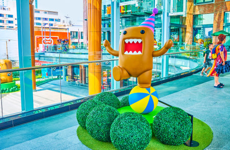 BANGKOK, THAILAND - APRIL 24, 2019: The funny sculpture of the character from Domo-kun cafe, located in the skywalk between shopping malls in Ratchaprasong district, on April 24 in Bangkokのeditorial素材
