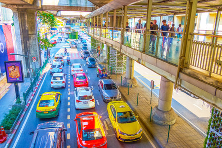 BANGKOK, THAILAND - APRIL 24, 2019: The urban scene in modern Bangkok with comfortable pedestrian...