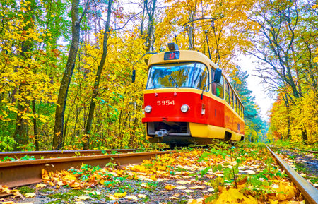 The retro red tram in scenic autumn forest of Pushcha-Voditsa climate resort, located in city district of Obolon in Kiev, Ukraineのeditorial素材