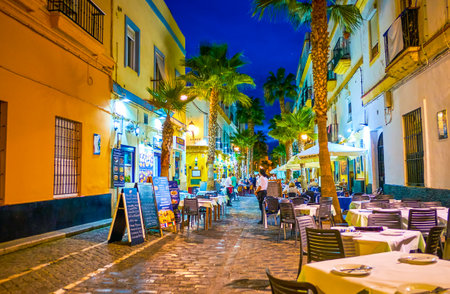 CADIZ, SPAIN - SEPTEMBER 19, 2019: Calle Virgen de la Palma is the best place to taste the day's catch in one of numerous seafood restaurants in the open air, on September 19 in Cadizのeditorial素材