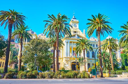 The scenic  Town Hall edifice, facing Cervantes avenue and surrounded with lush palm trees, Malaga, Spainの写真素材