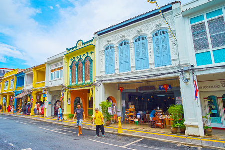 PHUKET, THAILAND - APRIL 30, 2019: The line of Sino-Portuguese Peranakan Houses in Thalang Road - popular tourist place with small cafes, souvenir stores and family hotels, on April 30 in Phuketのeditorial素材