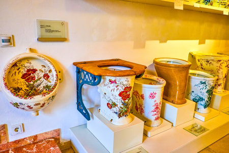 GMUNDEN, AUSTRIA - FEBRUARY 22, 2019: The outstanding examples of historical ceramic sanitary ware...