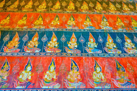 BANGKOK, THAILAND - APRIL 15, 2019: The amazing frescoes of Phuttaisawan Royal Hall, depicting various religion characters, on April 15 in Bangkokのeditorial素材