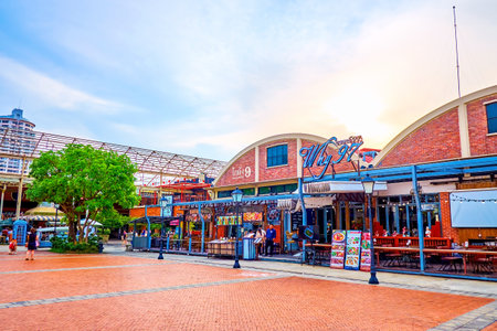 BANGKOK, THAILAND - APRIL 15, 2019: Asiatique center is a fine place to spend evening, visiting restaurants or making shopping in one of the most authentic places in the city, on April 15 in Bangkokのeditorial素材
