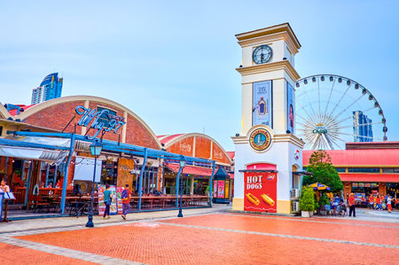 BANGKOK, THAILAND - APRIL 15, 2019: The old docks in Bangkok renovated into modern trade area with  restaurants, sport bars, performance areas, stores and entertainment zones, on April 15 in Bangkokのeditorial素材