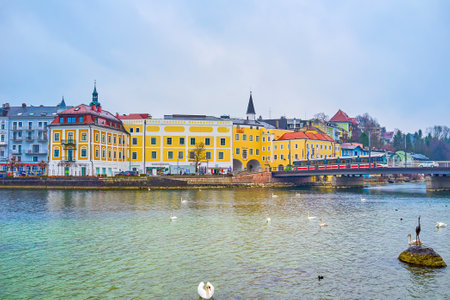 GMUNDEN, AUSTRIA - FEBRUARY 22, 2019: Swans and coots float on Traunsee lake with a view on in K-Hof, Museum square and Traunbrucke bridge, separating Traun river and lake, on February 22 in Gmunden.のeditorial素材