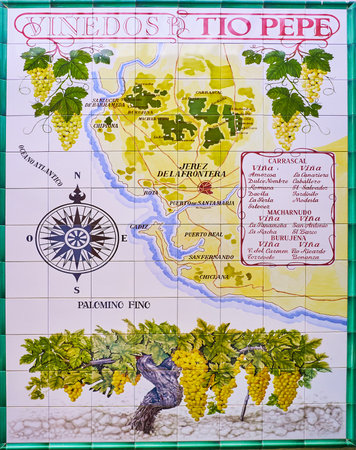 JEREZ, SPAIN - SEPTEMBER 20, 2019: The vintage tile map on the wall of Bodegas Tio Pepe wine museum with location of vineyards in Sherry Triangle, on September 20 in Jerezのeditorial素材