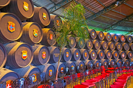 JEREZ, SPAIN - SEPTEMBER 20, 2019: Real Bodega de la Concha of Tio Pepe winery is historic tasting...