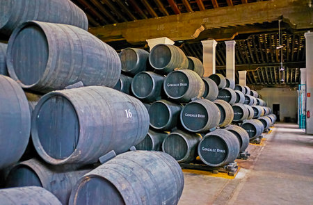 JEREZ, SPAIN - SEPTEMBER 20, 2019: The wine museum hall of Bodegas Tio Pepe winery with stacked black casks, marked with Gonzalez Byass brand name, on September 20 in Jerezのeditorial素材