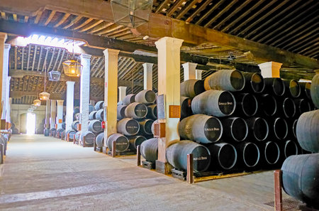 JEREZ, SPAIN - SEPTEMBER 20, 2019: Explore sherry production process, solera ageing and other...