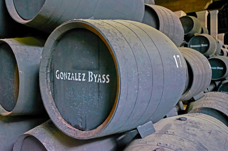 JEREZ, SPAIN - SEPTEMBER 20, 2019: Close-up of Gonzalez Byass oak sherry cask in Bodegas Tio Pepe...