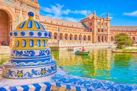 The amazing ceramic decorations of Plaza de Espana with Andalusian style patterns, Seville, Spainの写真素材