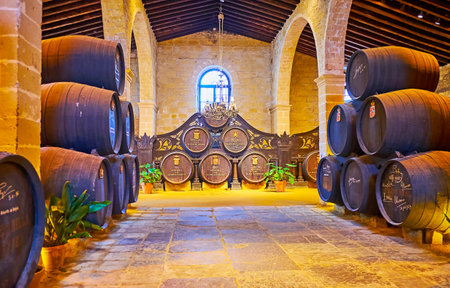 JEREZ, SPAIN - SEPTEMBER 20, 2019: The vintage interior of King's Winery (Bodega Los Reyes) of...