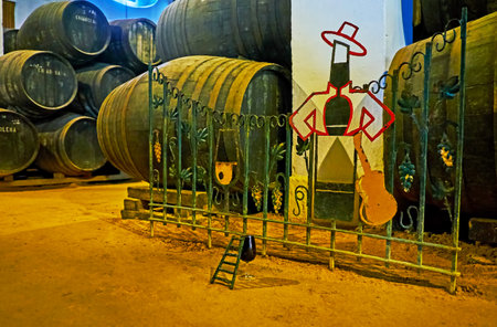 JEREZ, SPAIN - SEPTEMBER 20, 2019: Bodegas Tio Pepe winery is famous for the interesting tradition...
