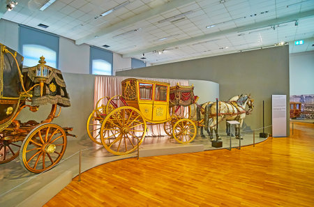 VIENNA, AUSTRIA - FEBRUARY 19, 2019: Imperial Carriage museum of Schonbrunn boasts fine collection of preserved Habsburg family carriages, on February 19 in Viennaのeditorial素材
