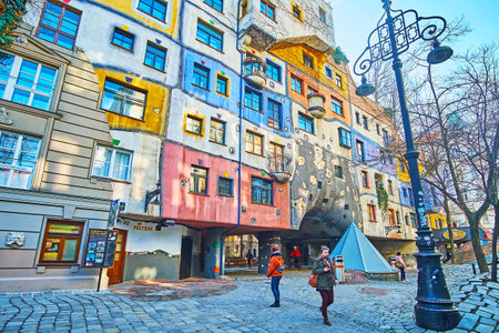 VIENNA, AUSTRIA - FEBRUARY 19, 2019: Kegelgasse street boasts one of the most unusual city landmarks - the Hundertwasserhaus, it's expressionist architectural project, on February 19 in Viennaのeditorial素材