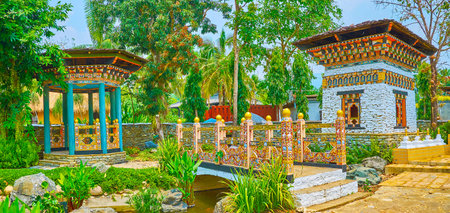 Outstanding architecture of Bhutan garden, uncluding carved wooden pavilion, bridge of Thai-Bhutanese friendship and traditional stone-wooden Buddhist shrine, Rajapruek park, Chiang Mai, Thailandのeditorial素材